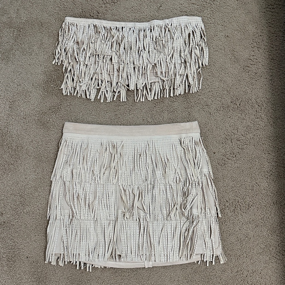 Faux Suede Fringe Skirt Set